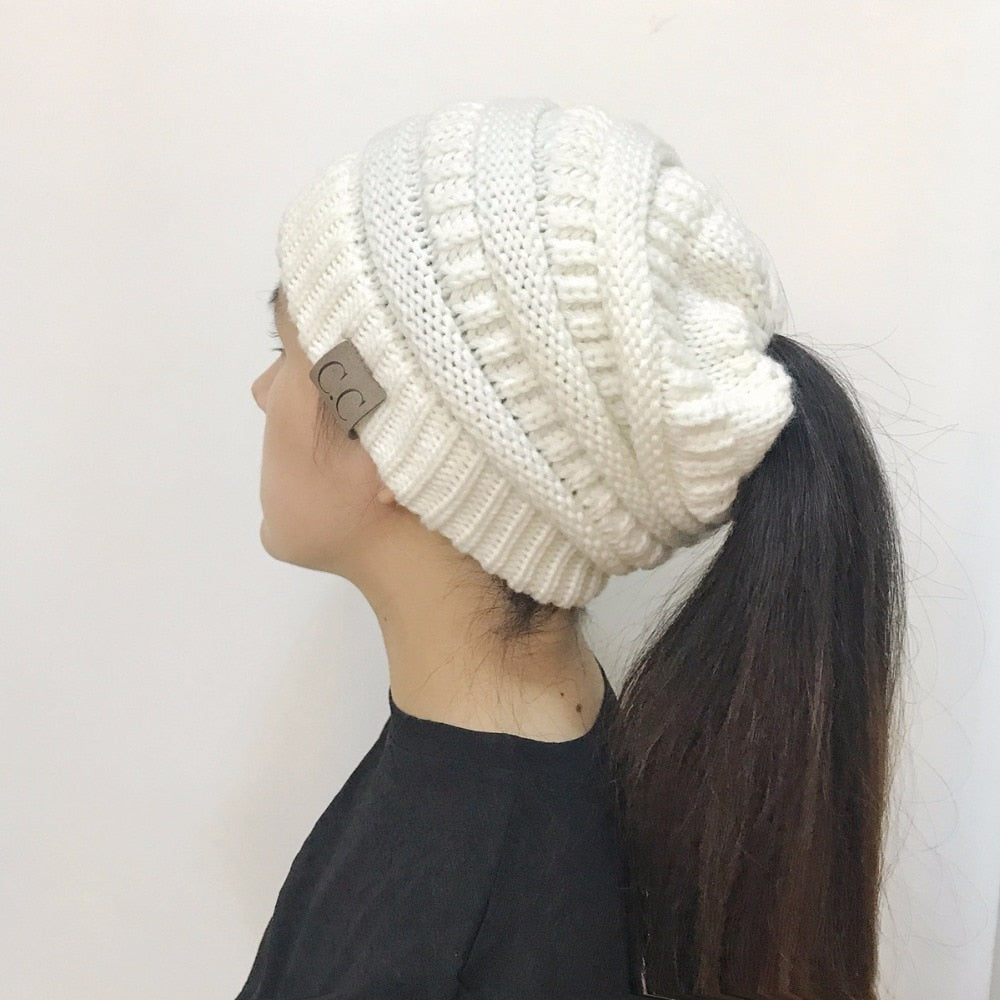 Cable Knit Fuzzy Lined High Bun Beanie