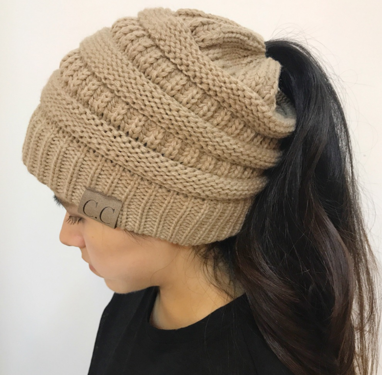 Cable Knit Fuzzy Lined High Bun Beanie