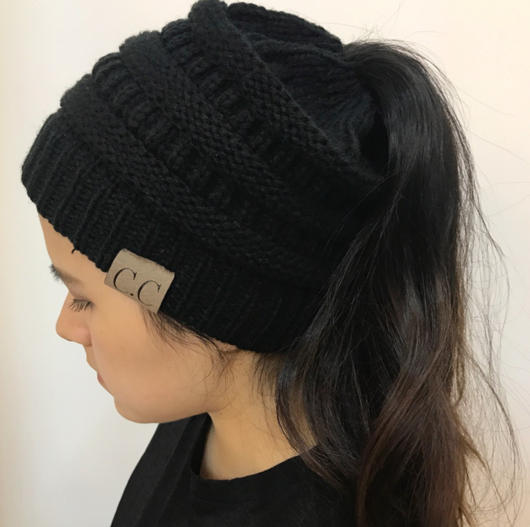 Cable Knit Fuzzy Lined High Bun Beanie