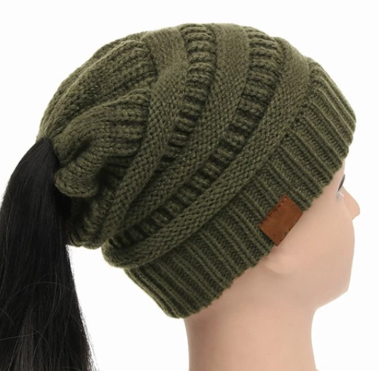 Cable Knit Fuzzy Lined High Bun Beanie