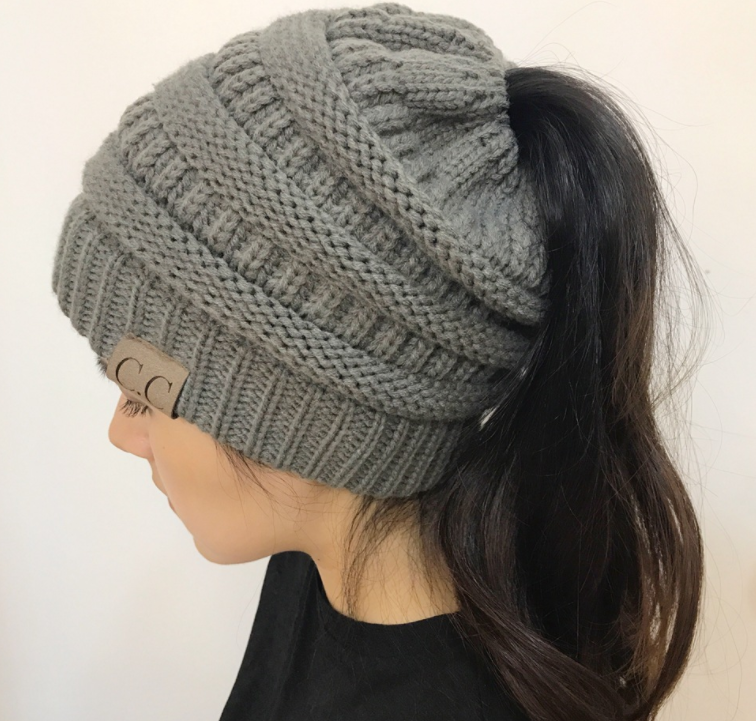 Cable Knit Fuzzy Lined High Bun Beanie