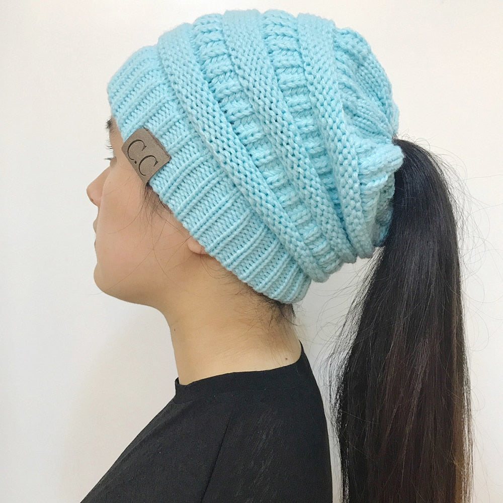 Cable Knit Fuzzy Lined High Bun Beanie