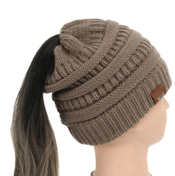 Cable Knit Fuzzy Lined High Bun Beanie