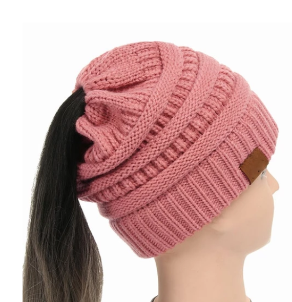 Cable Knit Fuzzy Lined High Bun Beanie