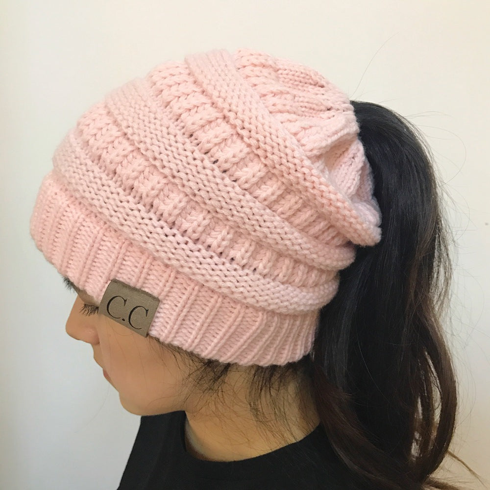 Cable Knit Fuzzy Lined High Bun Beanie