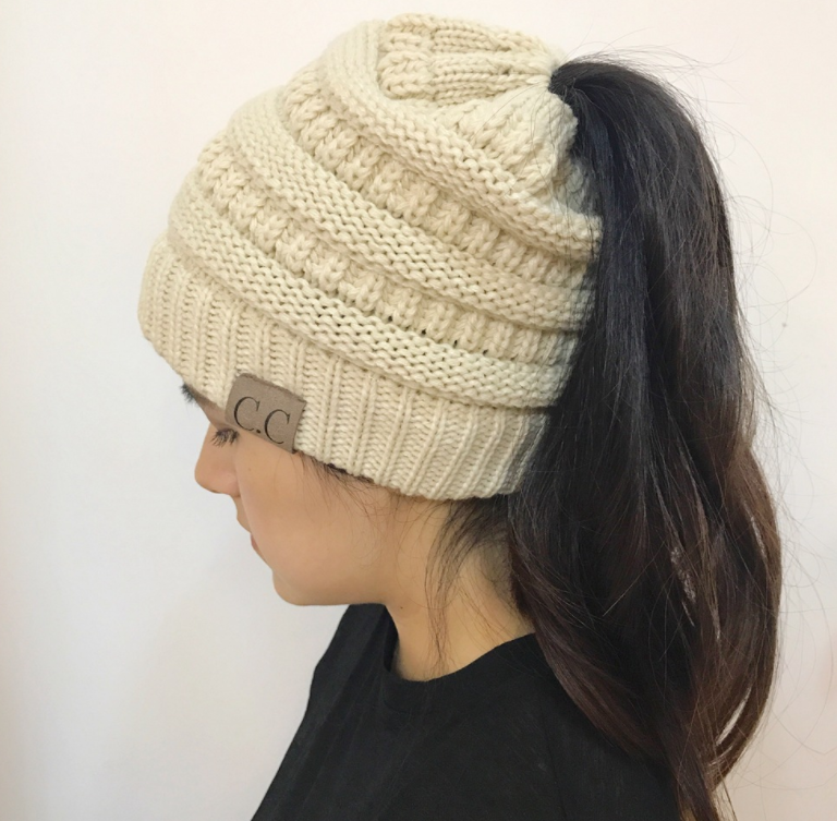 Cable Knit Fuzzy Lined High Bun Beanie