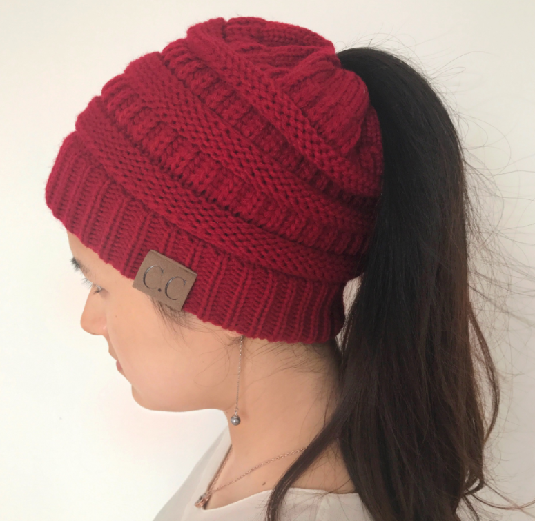 Cable Knit Fuzzy Lined High Bun Beanie