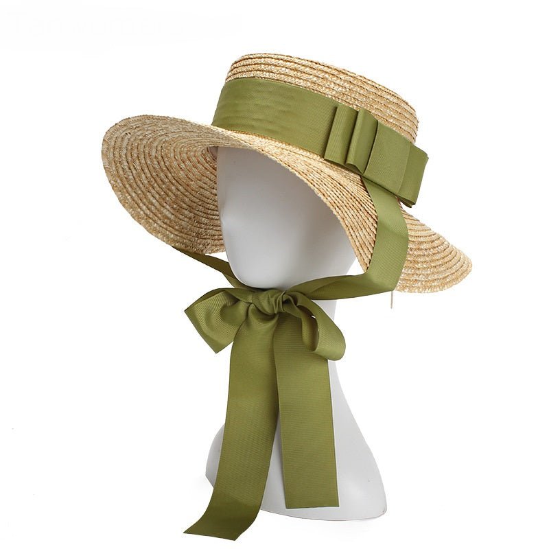 Flat Top Green Bow Tie Straw Hat - Urban Caps