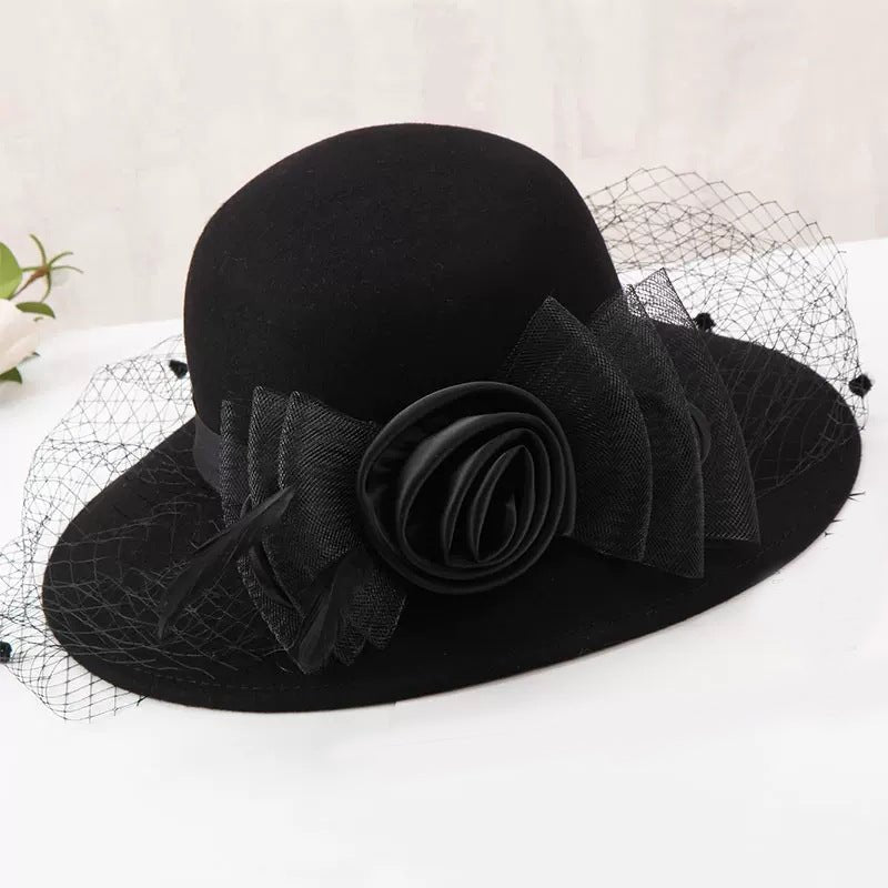 French Banquet Net Yarn Rose Wool Woolen Bowler Hat - Urban Caps