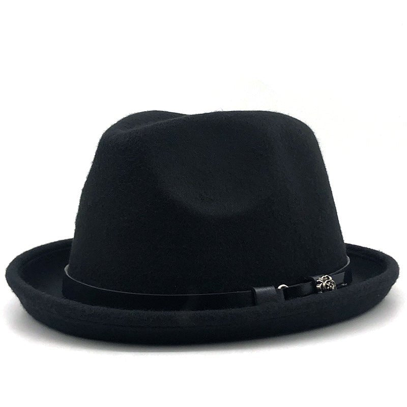 Top Hat Belt Buckle Black Woolen Hat Male British Jazz Hat Imitation Wool Fedoras Hat - Urban Caps