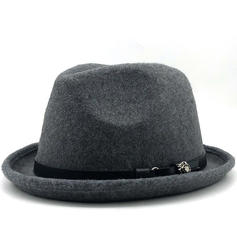 Top Hat Belt Buckle Black Woolen Hat Male British Jazz Hat Imitation Wool Fedoras Hat - Urban Caps