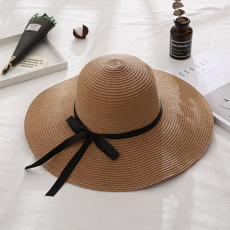 Women Summer Travel Beach UV Protection Bowknot Wide Brim Straw Hat Travel Hat - Urban Caps