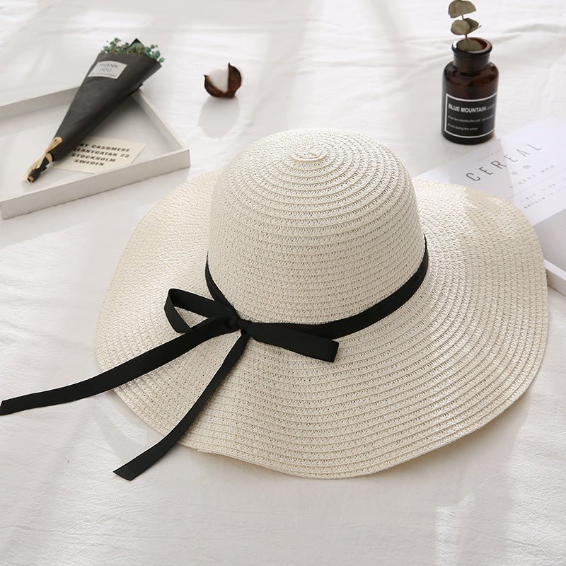 Women Summer Travel Beach UV Protection Bowknot Wide Brim Straw Hat Travel Hat - Urban Caps